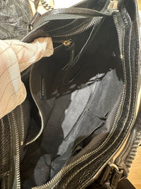 City Small Black Top Handle Bag in Calfskin, Silver hardware