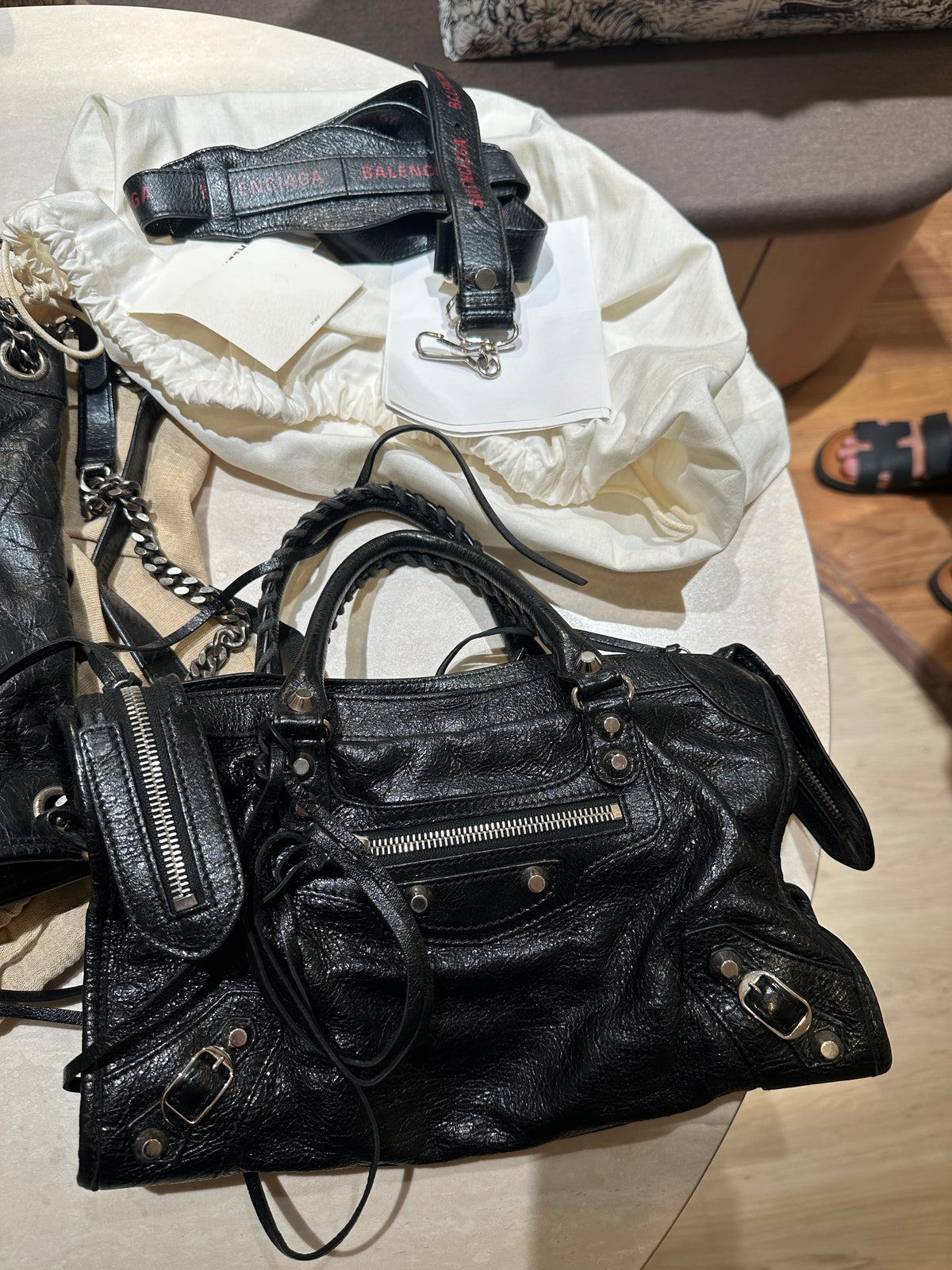 City Small Black Top Handle Bag in Calfskin, Silver hardware