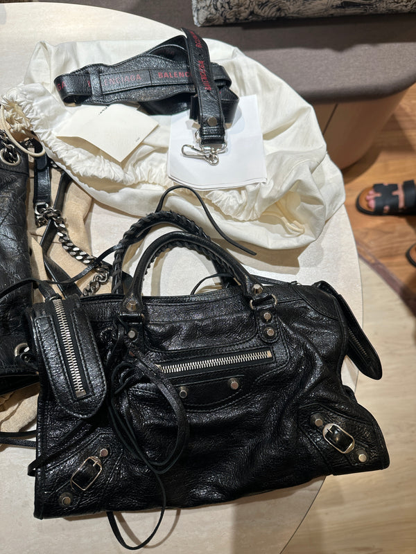 City Small Black Top Handle Bag in Calfskin, Silver hardware
