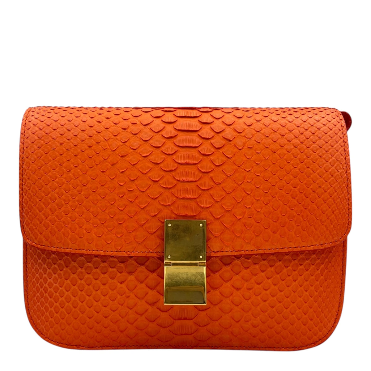Box Shoulder Bag Medium Orange in Python Leather, Gold hardware