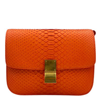 Box Shoulder Bag Medium Orange in Python Leather, Gold hardware