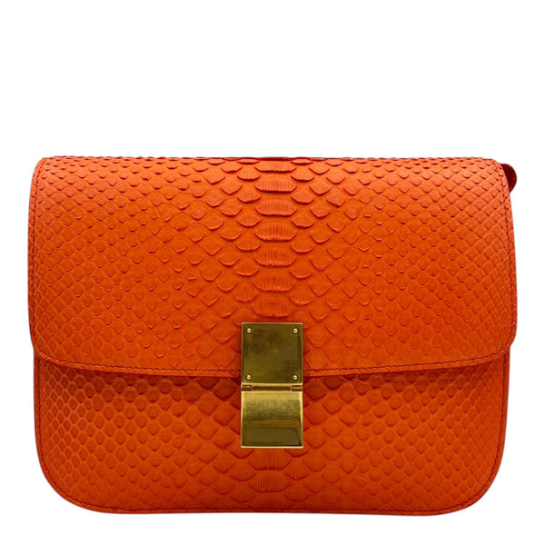 Box Shoulder Bag Medium Orange in Python Leather, Gold hardware