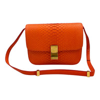 Box Shoulder Bag Medium Orange in Python Leather, Gold hardware