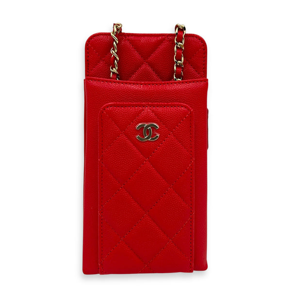 CC Phone Holder Red in Caviar Leather, Gold hardware