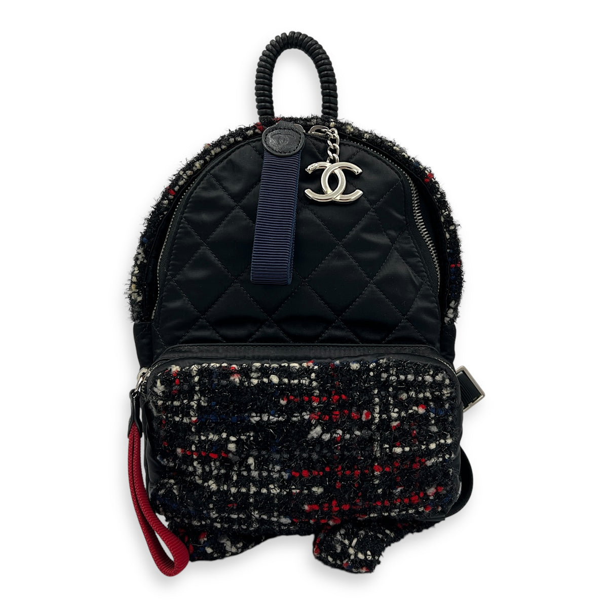 Astronaut Essentials Black Backpack in Tweed, Silver hardware