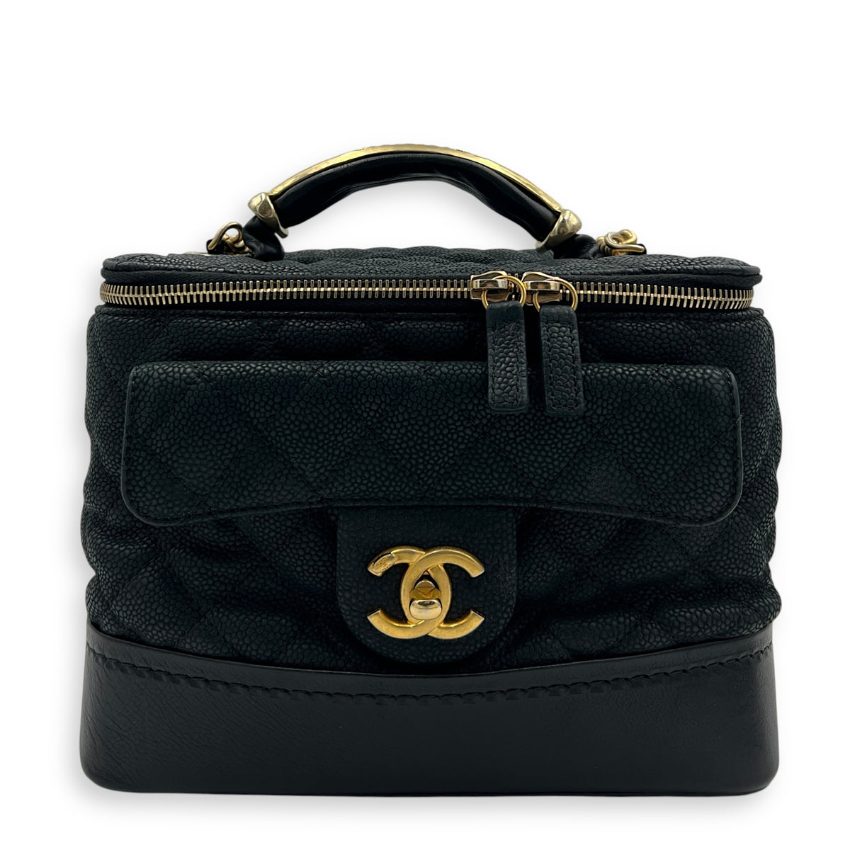 Globe Trotter Top Handle Bag Black in Caviar Leather, Gold hardware