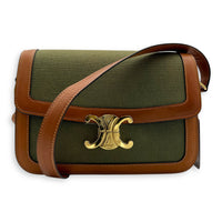 Triomphe Teen Khaki and Brown Shoulder Bag in Canvas, Gold hardware