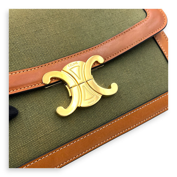 Triomphe Teen Khaki and Brown Shoulder Bag in Canvas, Gold hardware