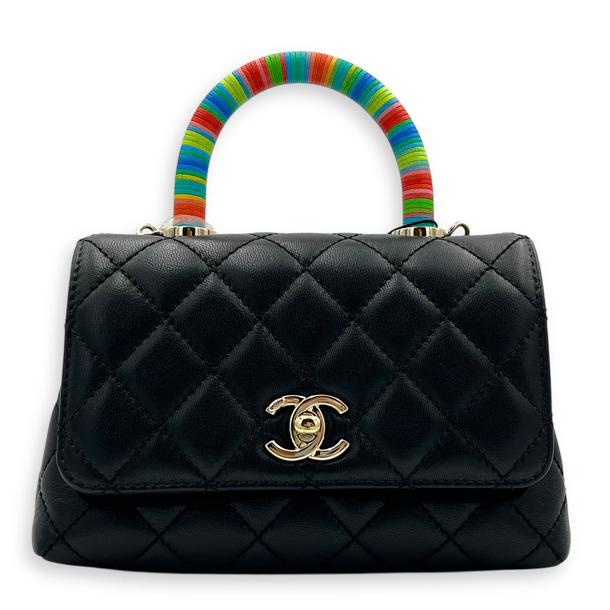 Flap Top Handle Bag Mini Black in Lambskin, Silver hardware