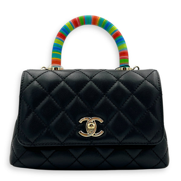 Flap Top Handle Bag Mini Black in Lambskin, Silver hardware