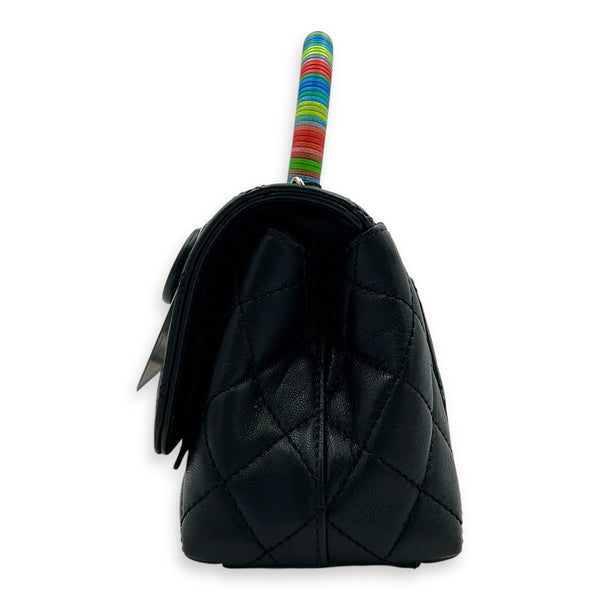 Flap Top Handle Bag Mini Black in Lambskin, Silver hardware