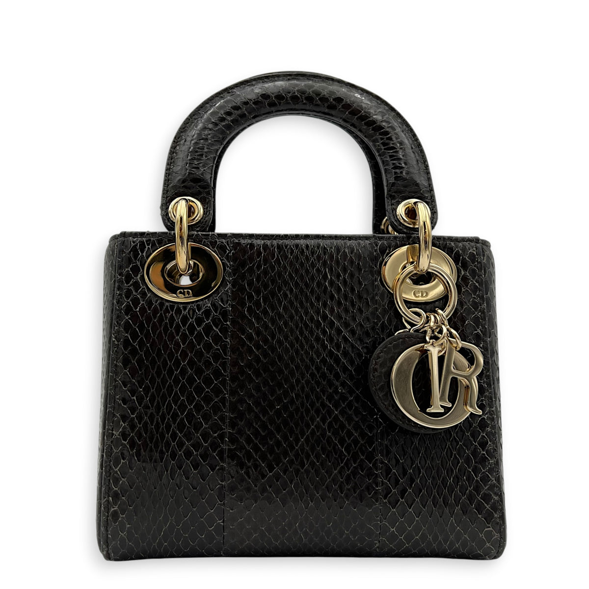 Lady Dior Top Handle Bag Mini Grey in Python Leather, Gold hardware