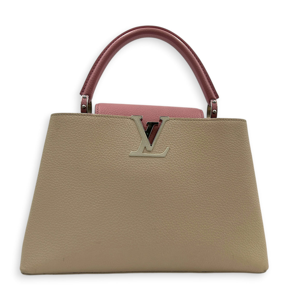 Capucines Top Handle Bag Beige in Taurillon Leather, Gold hardware