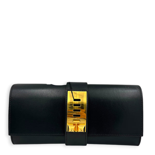 Medor Noir Clutch in Box Calfskin, Gold hardware