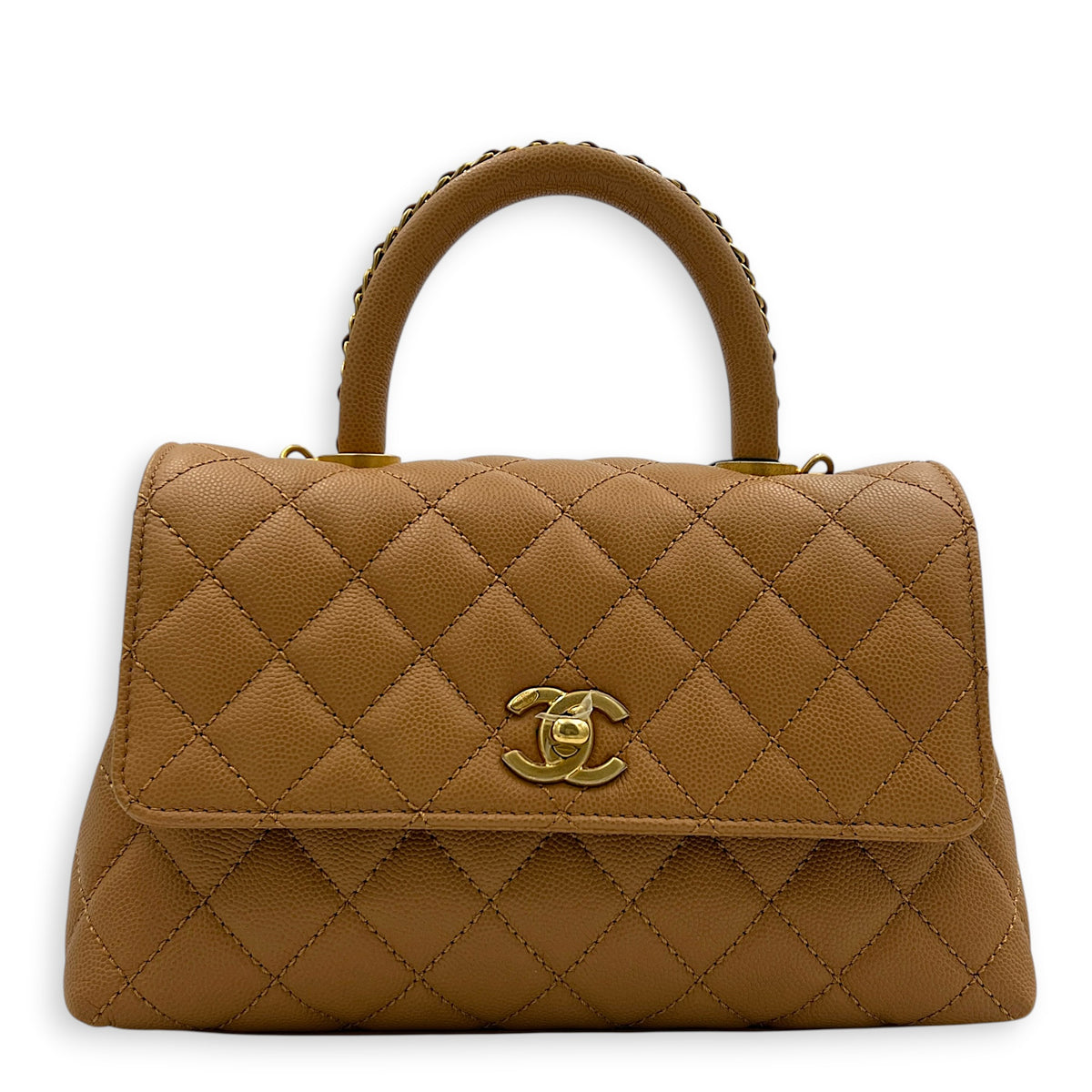 Coco Handle Quilted Top Handle Bag Brown in Caviar Leather, Gold hardware