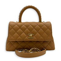 Coco Handle Quilted Top Handle Bag Brown in Caviar Leather, Gold hardware