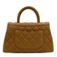 Coco Handle Quilted Top Handle Bag Brown in Caviar Leather, Gold hardware
