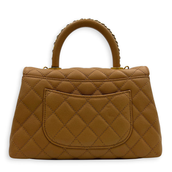 Coco Handle Quilted Top Handle Bag Brown in Caviar Leather, Gold hardware