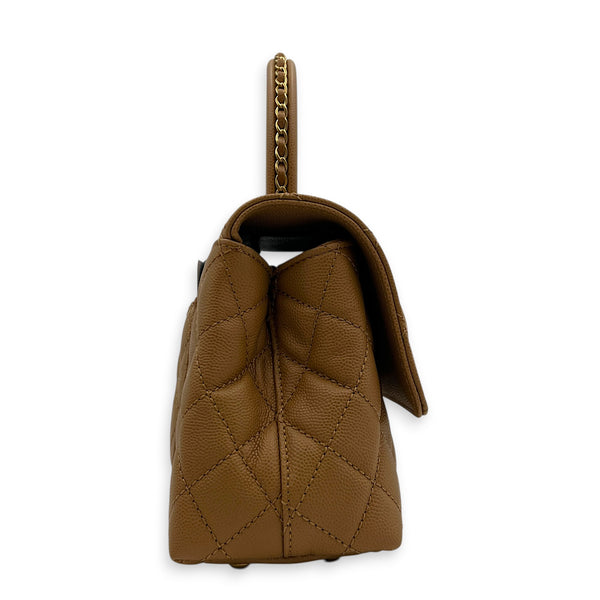 Coco Handle Quilted Top Handle Bag Brown in Caviar Leather, Gold hardware