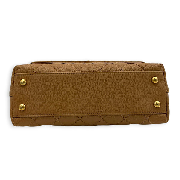 Coco Handle Quilted Top Handle Bag Brown in Caviar Leather, Gold hardware
