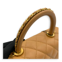 Coco Handle Quilted Top Handle Bag Brown in Caviar Leather, Gold hardware
