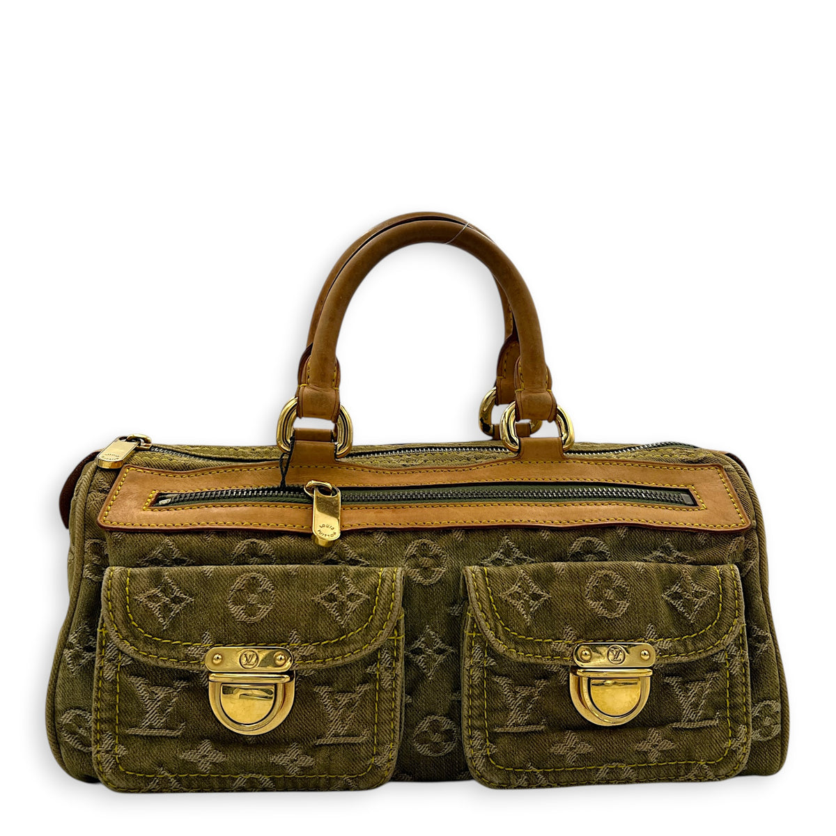 Neo Speedy Green Top Handle Bag in Denim, Gold hardware