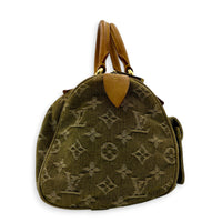 Neo Speedy Green Top Handle Bag in Denim, Gold hardware
