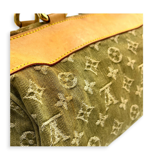 Neo Speedy Green Top Handle Bag in Denim, Gold hardware