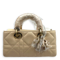 Lady D-Joy Small Beige Top Handle Bag in Canvas, Gold hardware