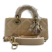 Lady D-Joy Small Beige Top Handle Bag in Canvas, Gold hardware