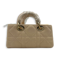 Lady D-Joy Small Beige Top Handle Bag in Canvas, Gold hardware