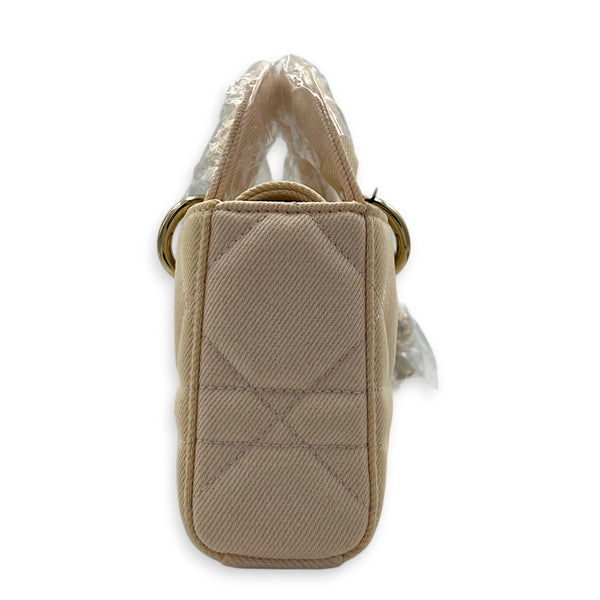 Lady D-Joy Small Beige Top Handle Bag in Canvas, Gold hardware