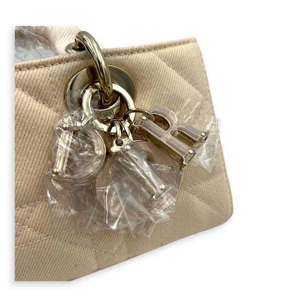 Lady D-Joy Small Beige Top Handle Bag in Canvas, Gold hardware