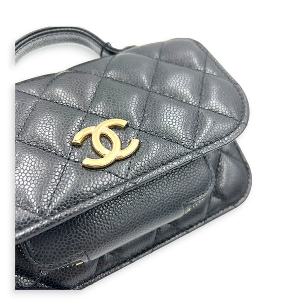 Business Affinity Mini Black Top Handle Bag in Caviar Leather, Gold hardware