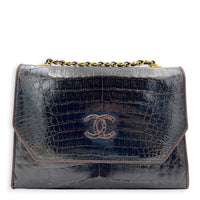 CC Vintage Flap Brown Shoulder Bag in Crocodile Leather, Gold hardware