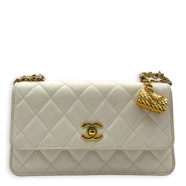 CC Charms Wallet On Chain White in Caviar Leather, Gold hardware