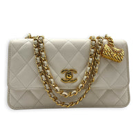 CC Charms Wallet On Chain White in Caviar Leather, Gold hardware