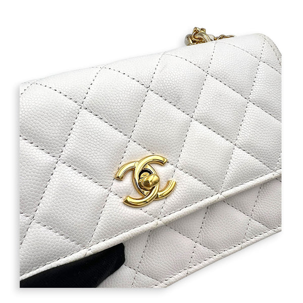 CC Charms Wallet On Chain White in Caviar Leather, Gold hardware