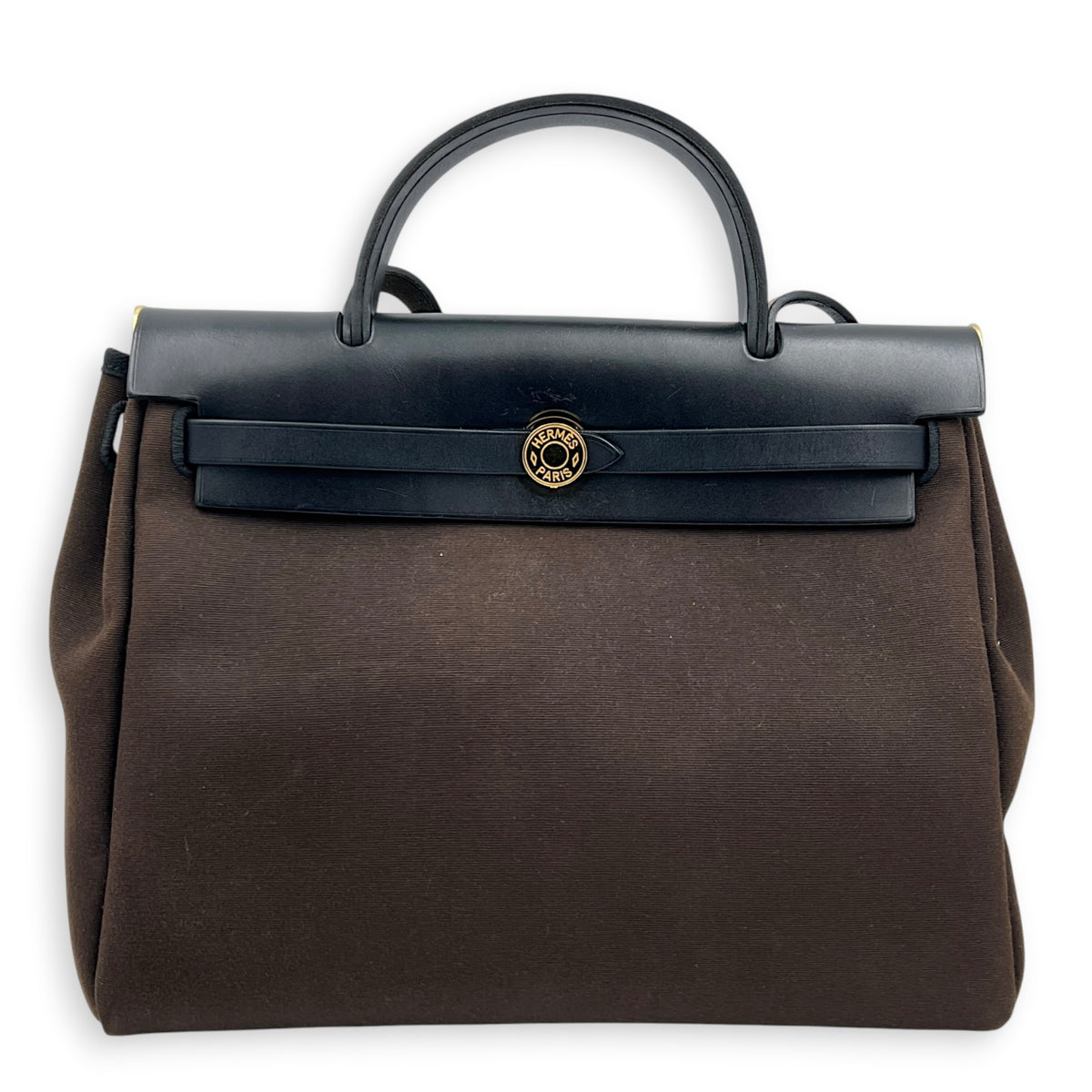 Herbag 31 Ebene/Noir Top Handle Bag in Canvas, Gold hardware