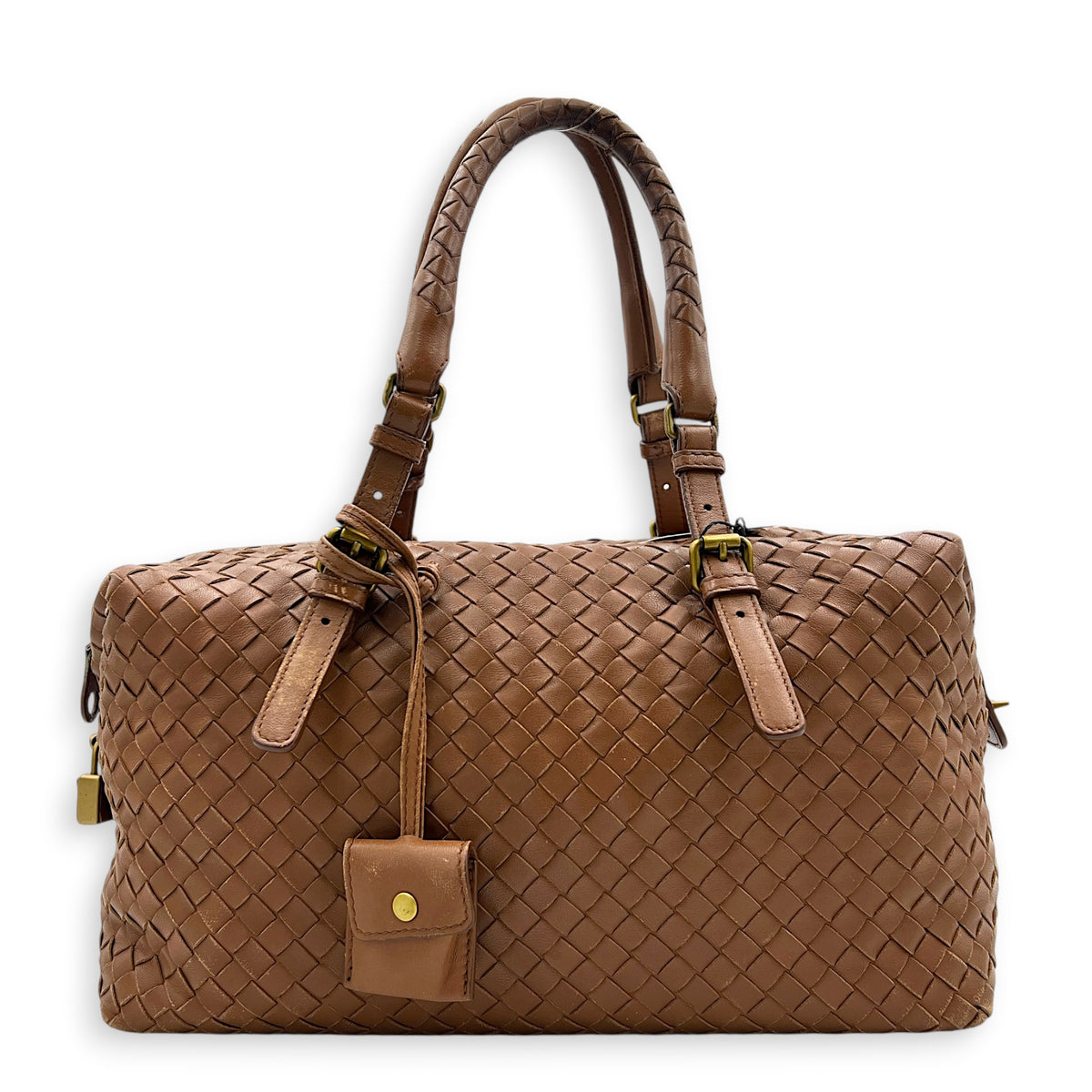 Intrecciato Brown Top Handle Bag in Nappa Leather, Brushed Gold hardware