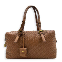 Intrecciato Brown Top Handle Bag in Nappa Leather, Brushed Gold hardware