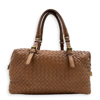Intrecciato Brown Top Handle Bag in Nappa Leather, Brushed Gold hardware