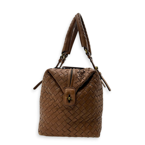 Intrecciato Brown Top Handle Bag in Nappa Leather, Brushed Gold hardware
