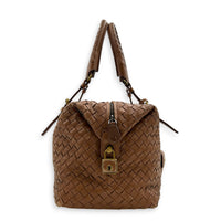 Intrecciato Brown Top Handle Bag in Nappa Leather, Brushed Gold hardware