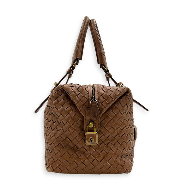 Intrecciato Brown Top Handle Bag in Nappa Leather, Brushed Gold hardware