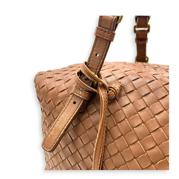 Intrecciato Brown Top Handle Bag in Nappa Leather, Brushed Gold hardware