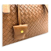 Intrecciato Brown Top Handle Bag in Nappa Leather, Brushed Gold hardware