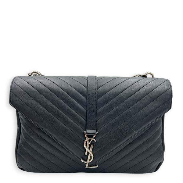 College Large Black Shoulder Bag in Calfskin, Silver hardware