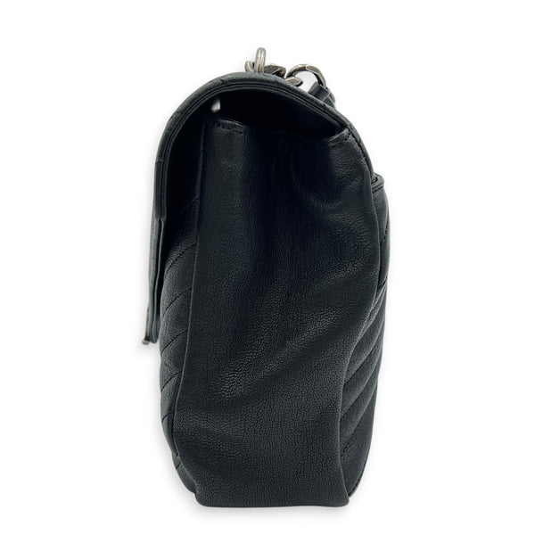College Large Black Shoulder Bag in Calfskin, Silver hardware