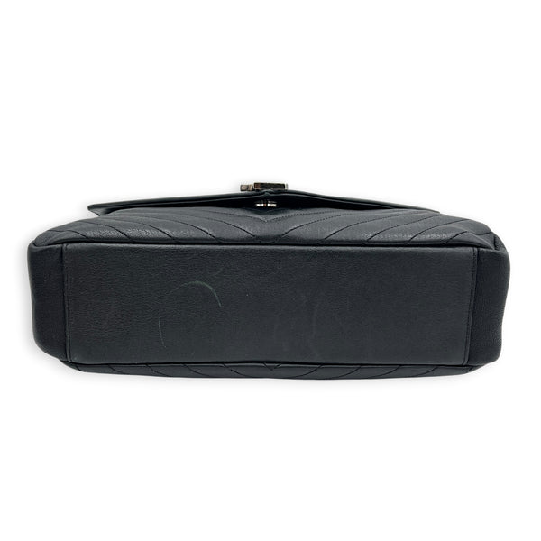 College Large Black Shoulder Bag in Calfskin, Silver hardware